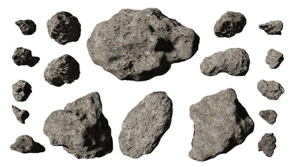 collection of asteroids, big and small space rocks, isolated - obrazy, fototapety, plakaty