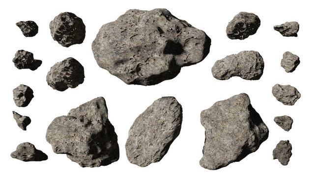 collection of asteroids, big and small space rocks, isolated