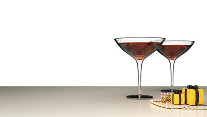 Realistic Cocktail Glasses With Gift Boxes, Baubles, Lighting Garland Decorated On Background And Copy Space.