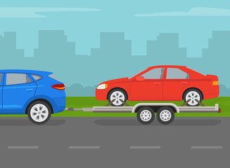 Fototapeta na wymiar Driving a car. Towing an open car hauler trailer with red vehicle on it. Side view of a red sedan car on a city road. Flat vector illustration template.