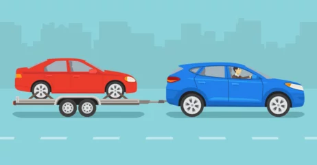 Foto op Plexiglas Driving a car. Towing an open car hauler trailer with vehicle on it. Side view of a red sedan and blue suv car on a city road. Flat vector illustration template. © flatvectors