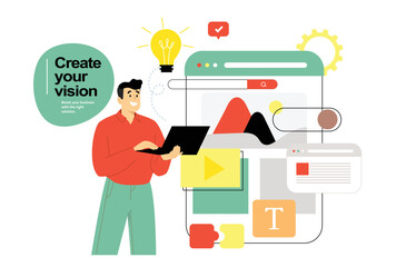 Web page design template for designing and programming vector illustration. Man working on mobile application, coding and prototyping web page. Web landing page design