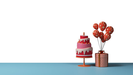 3D Layered Delicious Cake Over Table With Gift Box, Balloon Bunch And Copy Space.