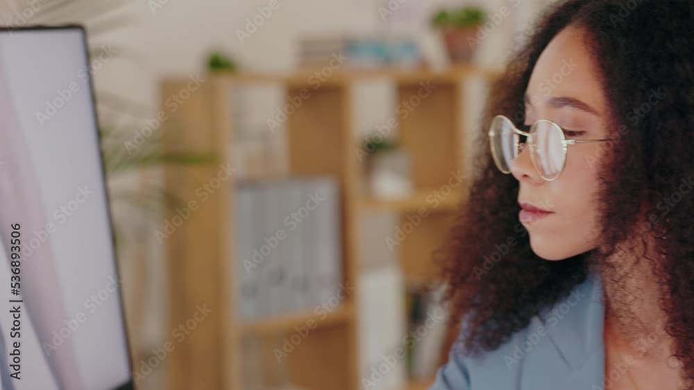 Poster Woman, reading and writing on computer in office for work in email, editing or blog on web. PC, document or report for creative, study or literature for education, paper or exam for university
