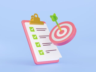 3d render checklist with target bullseye and arrow in aim. Check list on clipboard with tick marks. Business concept of goal achievement, success and progress, Cartoon Illustration in plastic style