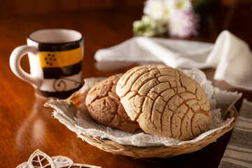 Conchas. Mexican sweet bread roll with seashell-like appearance, Usually eaten with coffee or hot...