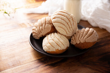 Conchas. Mexican sweet bread roll with seashell-like appearance, Usually eaten with coffee or hot...