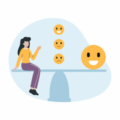 Woman is sitting on emotional swing. Mental health recovery. Psychological balance. Positive and negative emotions. Smile.