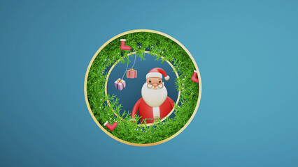 3D Santa Claus Character With Gift Boxes Hang, Wool Sock, Fir Leaves, Lighting Garland Decorated Circular Shape Blue Background And Copy Space.