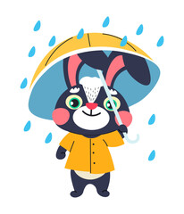 Rabbit character with umbrella standing under rain