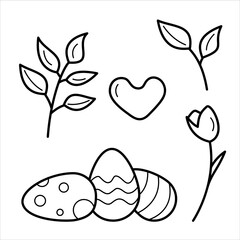Set of vector isolated line illustrations spring, easter theme. Good for coloring books, postcards, web design.