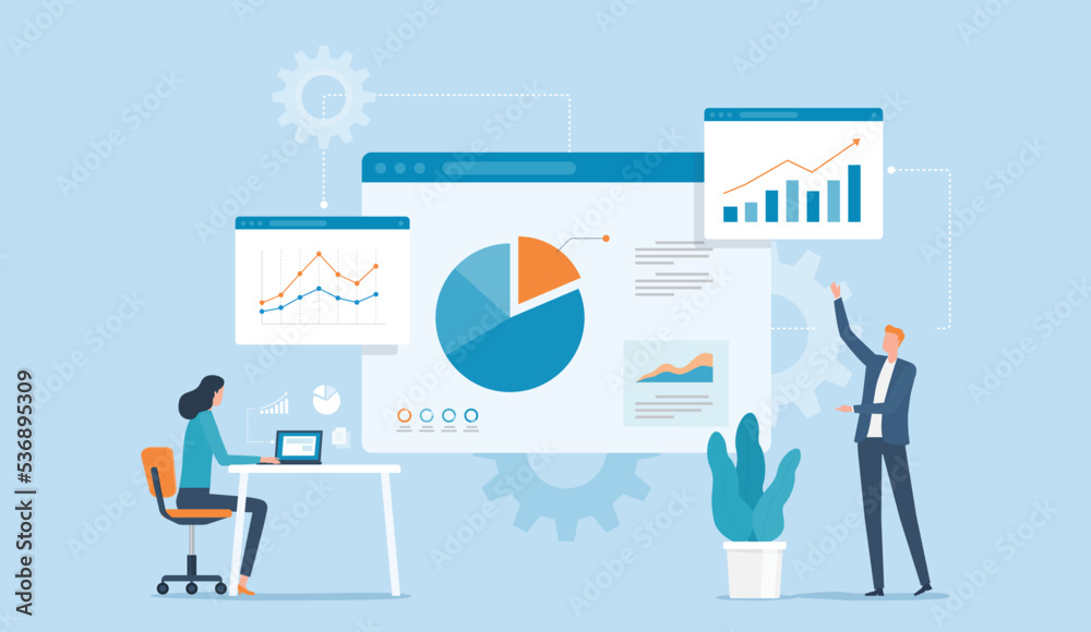 Poster business marketing team working for strategy planning concept and business data analytics research on monitor dashboard .
