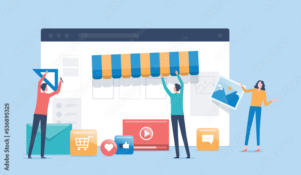 Poster Flat vector business team working developer and designer team create an online store shop concept
