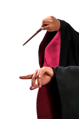 Hand holding Magic wand on white background, Miracle magical stick Wizard tool on white PNG file. - obrazy, fototapety, plakaty