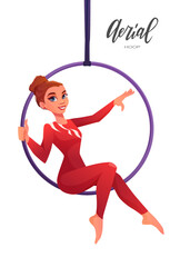 Woman gymnast in the aerial hoop. Aerialist dancer in circus. Invitation template to show or performance. Cartoon vector illustration.