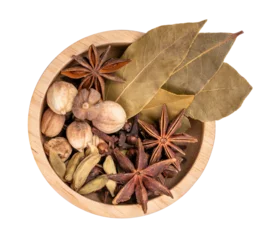 Zelfklevend Fotobehang Spices and herbs ingredients for cooking Curry, Curry powder, clove, cardamom, cinnamon, caraway on white background PNG file. © MERCURY studio