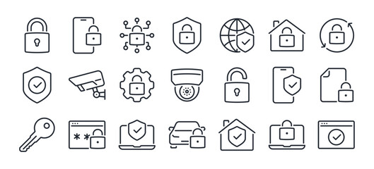 Obraz na płótnie Canvas Safety, protection and security concept editable stroke outline icons set isolated on white background flat vector illustration. Pixel perfect. 64 x 64.