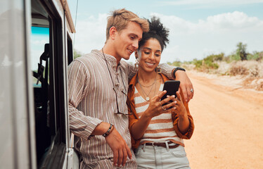 Car, phone and couple on a road trip in summer on holiday to enjoy traveling and sharing social...