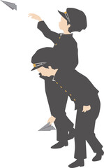 紙飛行機を飛ばす学生服の少年達