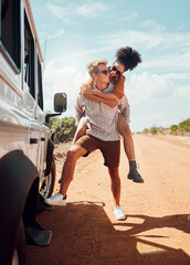 Travel, desert and couple hug on road trip in Australia, laugh and having fun in nature. Love,...