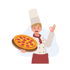 female chef holding pizza with wearing chef hat and uniform. vector cartoon illustration