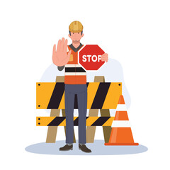 male engineer is holding STOP sign for warning under construction area, No entrance. vector cartoon illustration.