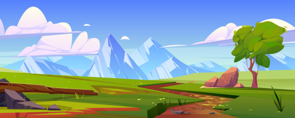 Mountain valley with green fields, tree, path and rocks on horizon. Summer landscape of meadows, grassland with stones and road, vector cartoon illustration