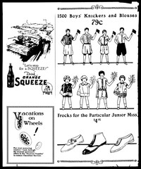 1920s newspaper, childrens shoe ad, vintage orange juice, wheel ad, drawing vector