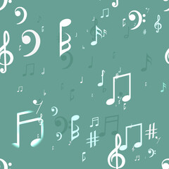 Music background abstract notes and musical key. Seamless pattern.