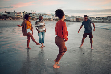 Water, feet and friends at a beach at sunset, celebrating their freedom and friendship while...