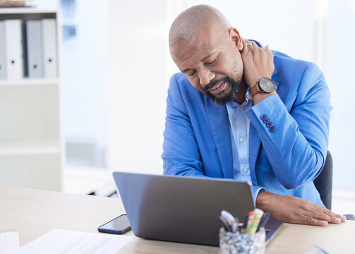 Burnout, Stress Or Man With Neck Pain Working On Laptop With Headache, Depression Or Mental Health In Office. Frustrated, Sad Or Tech Employee Or Businessman With Anxiety From Audit, 404 Or Pc Glitch