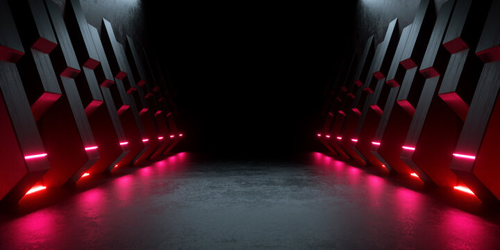 Modern Cyber Sci Fi Spaceship Hallway Corridor Entrance Empty Stage Red Neon Glowing Light Abstract Backgrounds Illustration 3d Renderin