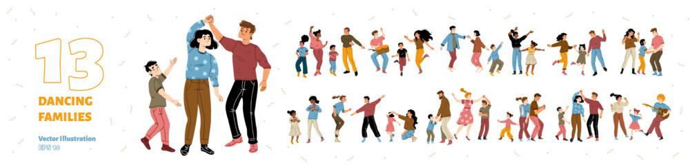 Fototapeta na wymiar Set of dancing families rejoice, fun, home party. Happy parents and kids characters dance together. Father or mother with children playing guitar and drums, Cartoon linear flat vector illustration