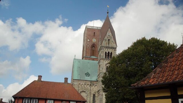 Church in Ribe, Denmark against the sky. Oldest City. 4K.