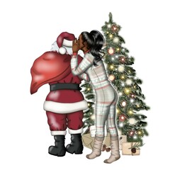 African American Girl With Santa Claus Hand Drawn Illustration Christmas Tree