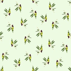 Seamless olive pattern. Olive branches on a green background.