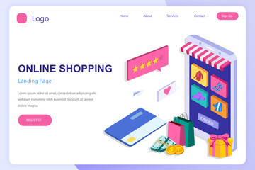 Online shopping isometric concept. Landing page website flat vector template