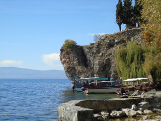 Cliffs overlooking Lake Ohrid with Boats