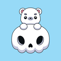 cute skull polar bear halloween cartoon mascot doodle art hand drawn concept vector kawaii icon illustration