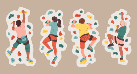 Set of men and women climbers on a wall in a climbing gym isolated on grey background vector - obrazy, fototapety, plakaty