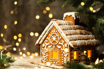 Christmas Gingerbread House with Window Xmas Lights over shining Garland. Winter Holiday Ginger Bread Cake with White Icing over Dark Fantasy Background. Merry Christmas Card Design - obrazy, fototapety, plakaty