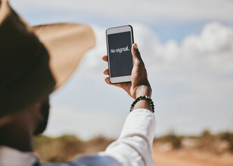 Black man, phone and lost network signal in nature environment, safari landscape and wild location. Hands, 5g mobile technology or gps travel map app in national park help search for confused tourist