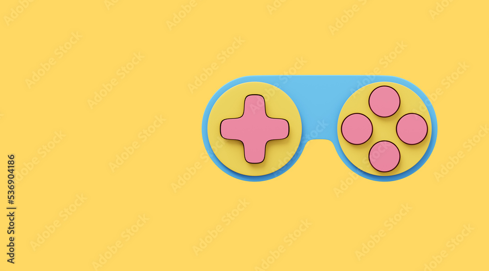 Poster minimalistic console game controller. multicolored icon on yellow background with space for text. 3d