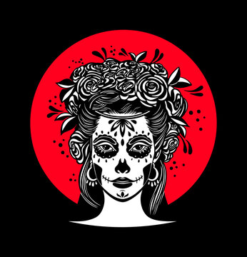 Logo in Calavera style. Dia de los muertos, Day of the dead is a Mexican holiday. Girl with flowers in her hair and Woman with make-up - sugar skull.