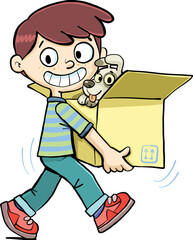 boy carries a small dog in a cardboard box