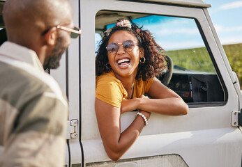 Stop, car and window by woman and man talking and laughing, discussing Mexico road trip details in...
