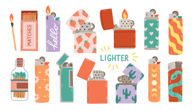 Set of various Lighters. Metal and plastic cigarette lighters with cool colorful prints. Vector illustration