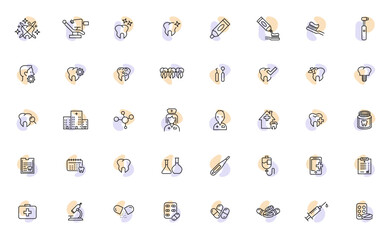 Modern thin line icons of dental care and dental services. Dental - outline icon set, collection of simple thin line icons. Dental care equipment and medical elements. Orthodontics concept. Vector