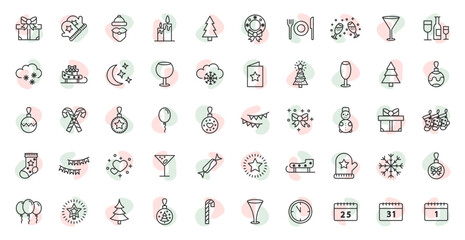 Happy New Year line icons set. Christmas decoration element. Merry Christmas flat line icons. Vector Illustration