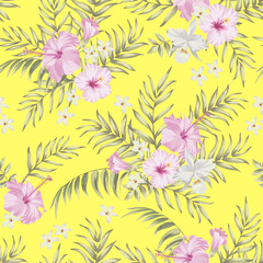 Seamless tropical print with jungle flowers and palm leaves. Vector background.	
